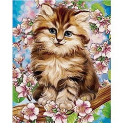 Алмазная мозаика картина стразами Пушистый котёнок с цветочками, 30х40 см