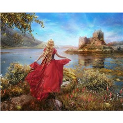 Алмазная мозаика картина стразами Пейзаж с девушкой в красном платье, 40х50 см