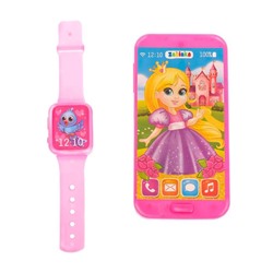 Набор игровой телефон, часы "Принцесса" розовый , в ПАКЕТЕ