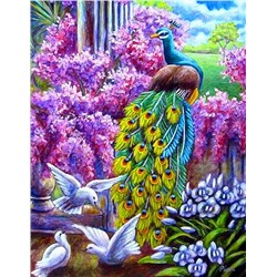 Алмазная мозаика картина стразами Павлин в цветущем саду, 50х65 см