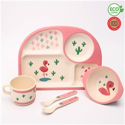 Набор бамбуковой посуды "Фламинго", тарелка, миска, стакан, приборы, 5 предметов