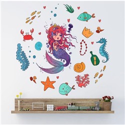 Наклейка пластик интерьерная цветная "Русалочка и подводный мир" 25х60 см