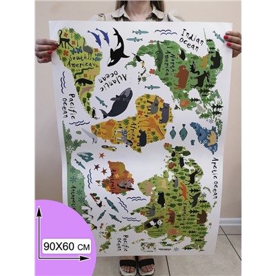 Наклейка многоразовая "Карта мира с Животными" (1092)