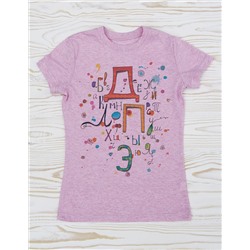 FU32R-M0040 Футболка для девочки розовый меланж с принтом Веселый алфавит
