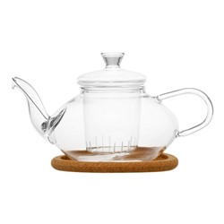 Заварочный чайник из жаропрочного стекла "Жасмин" с колбой, пружинкой-фильтром в носике и пробковой подставкой, 500 мл, дно d70 мм