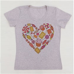 FU30BG-M0090 Женская футболка бежевый меланж с принтом Конфетное сердце