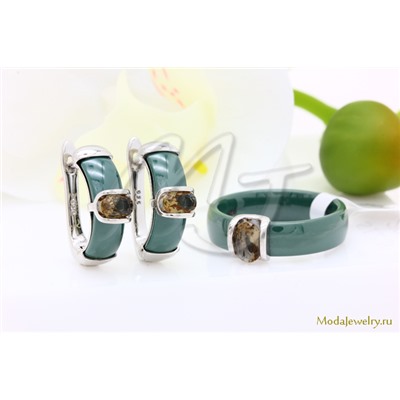 Серьги и кольцо керамика зеленая султанит CNS21945