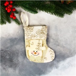 Носок для подарков "Снеговик в бантике, цветочный орнамент" 11х16 см, золото