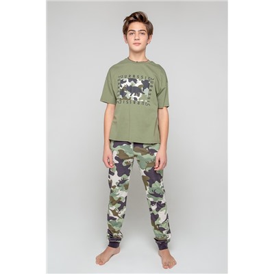 Пижама для мальчика КБ 2797 темно-оливковый, камуфляж с динозаврами