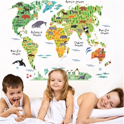 Наклейка многоразовая "Карта мира с Животными" (1092)