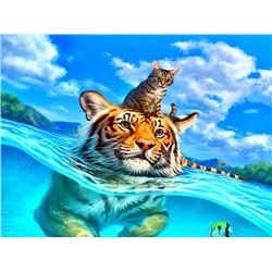 Алмазная мозаика картина стразами Тигр и кот, 50х65 см