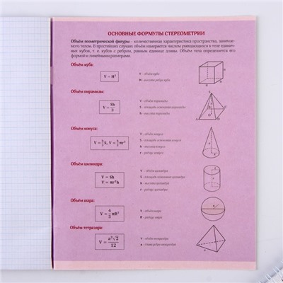 Предметная тетрадь, 48 листов, «УВЕДОМЛЕНИЯ», со справ. мат. «Геометрия», обложка мелованный картон 230 гр., внутренний блок в клетку 80 гр., белизна 96%