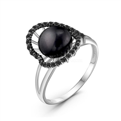 Кольцо женское из серебра с культ.чёрным жемчугом и чёрной шпинелью родированное 04-701-0024