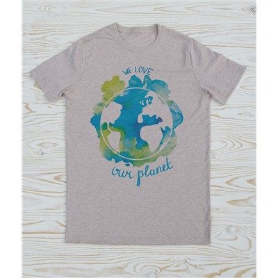 FU31BG-M0023 Мужская футболка бежевый меланж с принтом Голубая планета