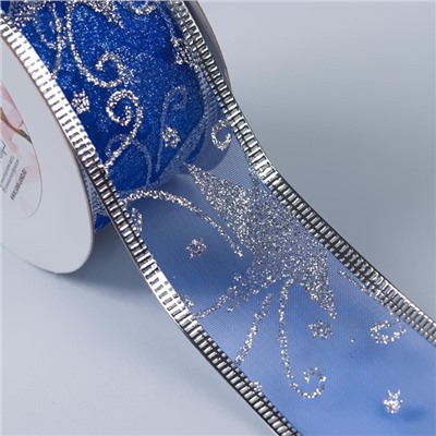 Лента капроновая с металлической нитью «Звёзды и вьюнки», 38 мм × 2,7 ± 0,5 м, цвет синий/серебряный