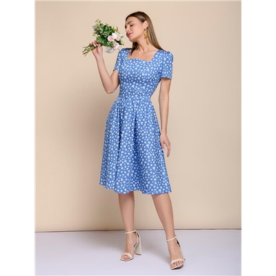 Платье голубого цвета с цветочным принтом длины миди в стиле ретро