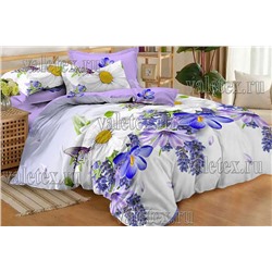 Постельное белье из белого поплина с синими и фиолетовыми цветами и светло-фиолетовым компаньоном