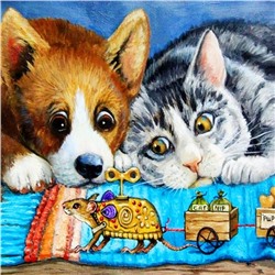 Алмазная мозаика картина стразами Кот, пёс и заводная мышка, 30х30 см