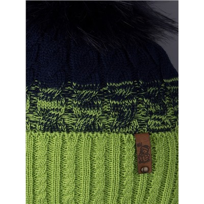 Шапка вязаная для мальчика с помпоном на завязках, двухцветная, нашивка снеговик + снуд, зеленый