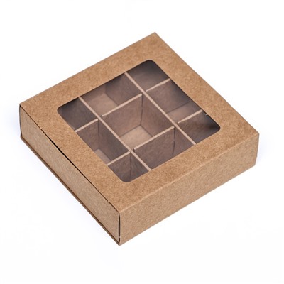 Коробка для конфет 9 штук, 8,7 х 8,7 х 2,5 Тонкие разделители, Крафт