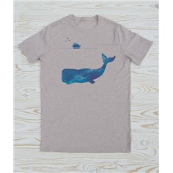 FU31BG-M0042 Мужская футболка бежевый меланж с принтом  Голубой кит.