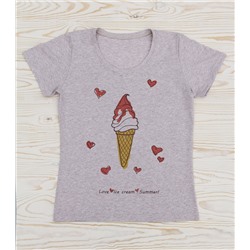 FU30BG-M0020 Женская футболка бежевый меланж с принтом Любовь Мороженное Лето