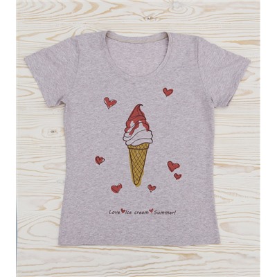 FU30BG-M0020 Женская футболка бежевый меланж с принтом Любовь Мороженное Лето