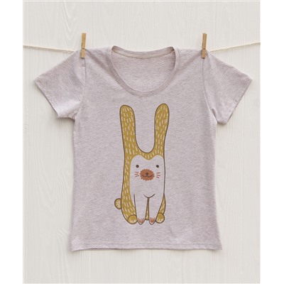 FU30BG-M0037 Женская футболка бежевый меланж с принтом Милый кролик!