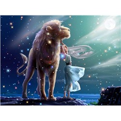 Алмазная мозаика картина стразами Лев с девушкой, 30х40 см