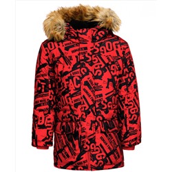 Красное зимнее пальто с орнаментом