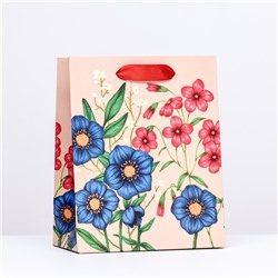 Пакет подарочный "Синие и красные цветочки", 18 х 22,3 х 10 см