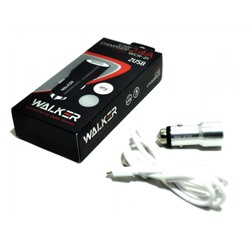 Зарядное устройство  в прикуриватель WALKER 2 слота USB, 2.1А, 12Вт + кабель Lightning, серебряное