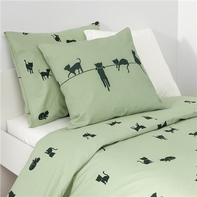 BARNDRÖM БАРНДРЁМ, Чехол на подушку, орнамент «кошки»/зеленый, 50x50 см