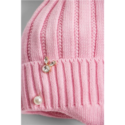 Шапка вязаная для девочки на отвороте брошь, на завязках, помпон+шарф с помпонами, розовый