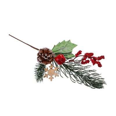СНОУ БУМ Ветка декоративная хвоя с ягодами и снежинками, пластик, 20 см, 3 дизайна