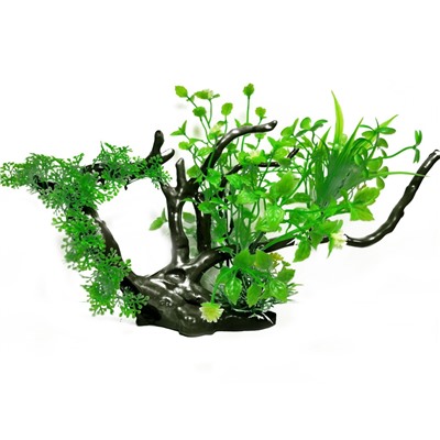 Искусственный декор для аквариума Коряга с растениями, 30х18 см