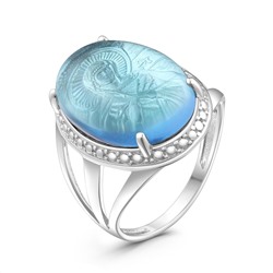 Кольцо из серебра с плавленым синим кварцем родированное - Семистрельная Божья Матерь к-7004