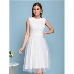 Платье белое с фатином в горошек длины миди