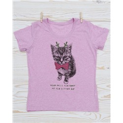 FU30R-M0073 Женская футболка розовый меланж с принтом А когда будет год котенка