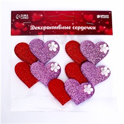 Сердечки декоративные, набор 5 шт., размер 1 шт: 5 × 3,5 см, цвет красно-розовый