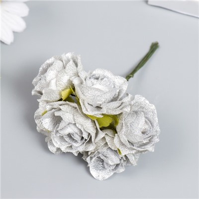 Цветы для декорирования "Серебристые розы с блеском" 1 букет=6 цветов 10 см
