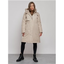 Пальто утепленное с капюшоном зимнее женское бежевого цвета 52333B