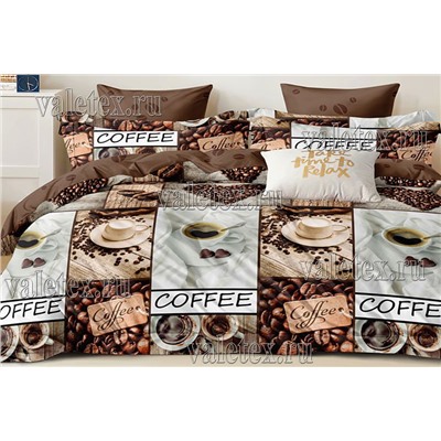 Постельное белье из бело-коричневой композиции с чашками кофе зернами и коричневым компаньоном