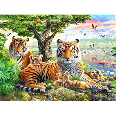 Алмазная мозаика картина стразами Тигры с тигрятами, 30х40 см
