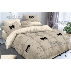 Постельное белье из бежево-серого поплина с нарисованными кошками и светло-бежевым компаньоном